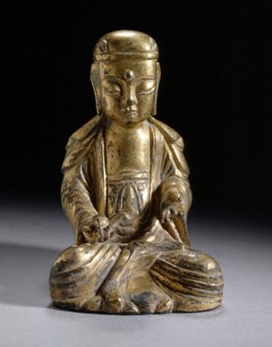  <em>Figure of Seated Bodhisattva Chijang (Kshitigarbha)</em>, 15th–16th century. Gilt bronze, 3 1/2 × 2 3/16 × 2 3/8 in. (8.9 × 5.5 × 6.0 cm). Lent by the Carroll Family Collection, L2021.3.14 (Photo: , CUR.L2021.3.14.jpg)