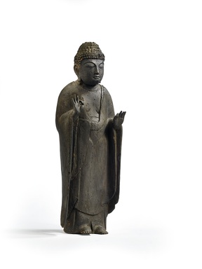  <em>Figure of Standing Amita Buddha</em>, ca. 12th century. Wood, height: 28 3/4 in. (73.0 cm). Lent by the Carroll Family Collection, L2021.3.9 (Photo: , CUR.L2021.3.9.jpg)
