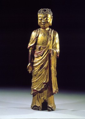  <em>Figure of Standing Medicine Buddha (Yaksa Yeorae)</em>, mid 16th century. Wood, lacquer, gesso, gilding, 45 11/16 × 15 × 7 in. (116 × 38.1 × 17.8 cm). Lent by the Carroll Family Collection, L2022.2.1 (Photo: Image courtesy of The Honorable Joseph P. Carroll and Professor Roberta L. Carroll, M.D., CUR.L2022.2.1.jpg)