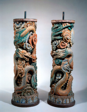  <em>Pair of Candlesticks</em>, late 18th - early 19th century. Wood, polychrome, Each: 27 3/8 × 8 7/16 in. (69.5 × 21.5 cm). Lent by the Carroll Family Collection, L2022.2.2a-b (Photo: Image courtesy of The Honorable Joseph P. Carroll and Professor Roberta L. Carroll, M.D., CUR.L2022.2.2a-b.jpg)