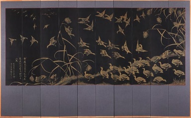 Yang Gi-hun (Seuk-eun) (Korean, 1843 – 1919). <em>Geese and Reeds</em>, 1903. Gold on silk, 85 1/4 × 137 3/4 in. (216.5 × 349.9 cm). Lent by the Carroll Family Collection, L2024.1.2 (Photo: Brooklyn Museum, CUR.L2024.1.2_overall01.jpg)