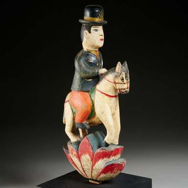  <em>Funerary Figure of an Equestrian</em>, late 19th century. Wood, polychrome, 19 × 8 × 3 in. (48.3 × 20.3 × 7.6 cm). Brooklyn Museum, Gift of the Carroll Family Collection, 2021.17.7 (Photo: Image courtesy of The Honorable Joseph P. Carroll and Professor Roberta L. Carroll, M.D., CUR.TL2020.25.11.jpg)