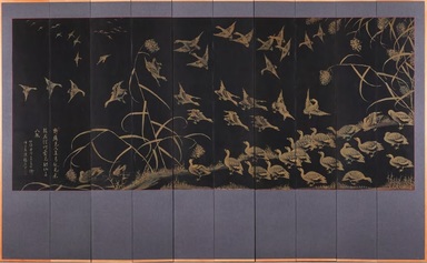 Yang Gi-hun (Seuk-eun) (Korean, 1843 – 1919). <em>Geese and Reeds</em>, 1903. Gold on silk, 85 1/4 × 137 3/4 in. (216.5 × 349.9 cm). Lent by the Carroll Family Collection, L2024.1.2 (Photo: Brooklyn Museum, CUR.TL2023.76.jpg)