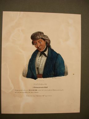 James Otto Lewis (American, 1799 – 1858). <em>Pach-E-Po, a Pottowattomie Chief</em>, issued November 1835. Lithograph with watercolor on paper, Sheet: 11 3/4 x 9 1/4 in. (29.8 x 23.5 cm). Brooklyn Museum, Brooklyn Museum Collection, X1042.147.10 (Photo: Brooklyn Museum, CUR.X1042.147.10.jpg)