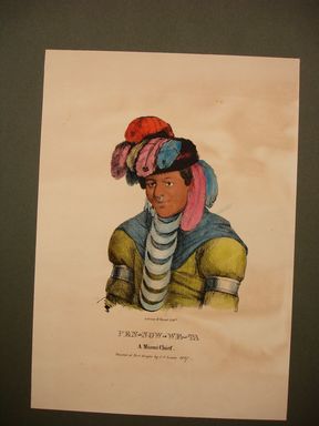 James Otto Lewis (American, 1799 – 1858). <em>Pen-Now-We-Ta, a Miami Chief</em>, issued November 1835. Lithograph with watercolor on paper, Sheet: 11 1/4 x 7 15/16 in. (28.6 x 20.2 cm). Brooklyn Museum, Brooklyn Museum Collection, X1042.147.12 (Photo: Brooklyn Museum, CUR.X1042.147.12.jpg)