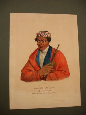 James Otto Lewis (American, 1799 – 1858). <em>Com-No-Sa-Qua, a Pottowattomie Chief</em>, issued November 1835. Lithograph with watercolor on paper, Sheet: 12 7/16 x 9 3/16 in. (31.6 x 23.3 cm). Brooklyn Museum, Brooklyn Museum Collection, X1042.147.13 (Photo: Brooklyn Museum, CUR.X1042.147.13.jpg)