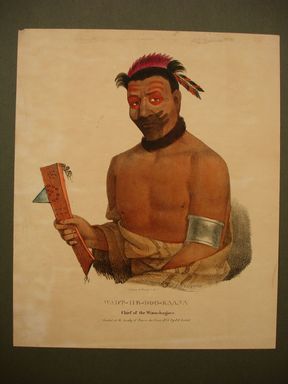 James Otto Lewis (American, 1799 – 1858). <em>Wadt-He-Doo-Kaana, Chief of the Winnebagoes</em>, issued November 1835. Lithograph with watercolor on paper, Sheet: 11 11/16 x 9 11/16 in. (29.7 x 24.6 cm). Brooklyn Museum, Brooklyn Museum Collection, X1042.147.14 (Photo: Brooklyn Museum, CUR.X1042.147.14.jpg)