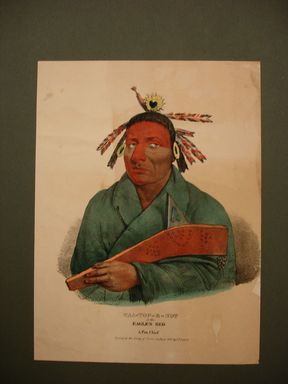 James Otto Lewis (American, 1799 – 1858). <em>Waa-Top-E-Not or the Eagle's Bed, a Fox Chief</em>, issued November 1835. Lithograph with watercolor on paper, 12 5/16 x 9 3/16 in. (31.3 x 23.3 cm). Brooklyn Museum, Brooklyn Museum Collection, X1042.147.15 (Photo: Brooklyn Museum, CUR.X1042.147.15.jpg)