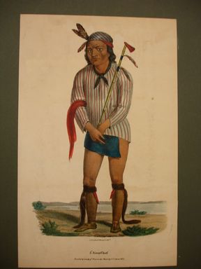 James Otto Lewis (American, 1799 – 1858). <em>A Sioux Chief</em>, issued January 1836. Lithograph with watercolor on paper, Sheet: 15 3/8 x 9 3/4 in. (39.1 x 24.8 cm). Brooklyn Museum, Brooklyn Museum Collection, X1042.147.16 (Photo: Brooklyn Museum, CUR.X1042.147.16.jpg)