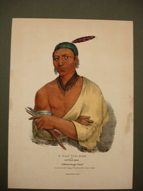 James Otto Lewis (American, 1799 – 1858). <em>O-Wan-Ich-Koh or the Little Elk, a Winnebago Chief</em>, issued January 1836. Lithograph with watercolor on paper, Sheet: 13 3/4 x 10 in. (34.9 x 25.4 cm). Brooklyn Museum, Brooklyn Museum Collection, X1042.147.17 (Photo: Brooklyn Museum, CUR.X1042.147.17.jpg)