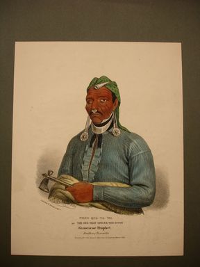 James Otto Lewis (American, 1799 – 1858). <em>Tens-Qua-Ta-Wa or The One that Opens the Door, a Shawnese Prophet</em>, issued January 1836. Lithograph with watercolor on paper, Sheet: 13 1/4 x 10 9/16 in. (33.7 x 26.8 cm). Brooklyn Museum, Brooklyn Museum Collection, X1042.147.18 (Photo: Brooklyn Museum, CUR.X1042.147.18.jpg)