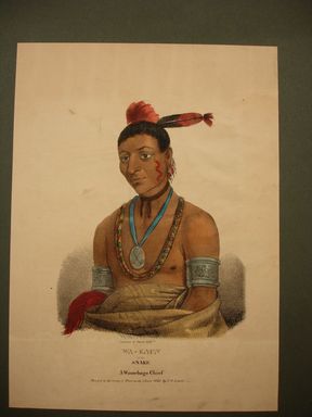 James Otto Lewis (American, 1799 – 1858). <em>Wa-Kaun, or The Snake, a Winnebago Chief</em>, issued January 1836. Lithograph with watercolor on paper, Sheet: 12 1/4 x 8 7/8 in. (31.1 x 22.5 cm). Brooklyn Museum, Brooklyn Museum Collection, X1042.147.19 (Photo: Brooklyn Museum, CUR.X1042.147.19.jpg)