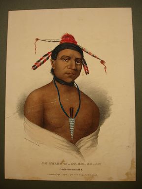 James Otto Lewis (American, 1799 – 1858). <em>Ma-Ko-Me-Ta or Bear's Oil, a Monomonie Chief</em>, print issued May 1835. Lithograph with watercolor on paper, Sheet: 12 7/8 x 9 1/2 in. (32.7 x 24.1 cm). Brooklyn Museum, Brooklyn Museum Collection, X1042.147.2 (Photo: Brooklyn Museum, CUR.X1042.147.2.jpg)