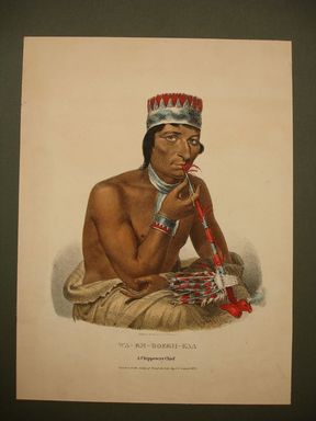 James Otto Lewis (American, 1799 – 1858). <em>Wa-Em-Boesh-Kaa, a Chippeway Chief</em>, issued January 1836. Lithograph with watercolor on paper, Sheet: 14 1/16 x 10 7/16 in. (35.7 x 26.5 cm). Brooklyn Museum, Brooklyn Museum Collection, X1042.147.21 (Photo: Brooklyn Museum, CUR.X1042.147.21.jpg)