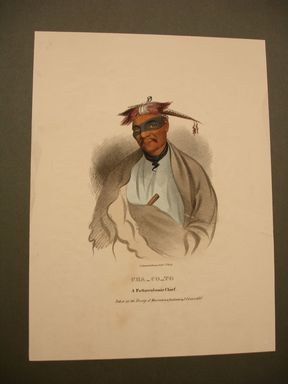 James Otto Lewis (American, 1799 – 1858). <em>Cha-Co-To, a Pottawatomie Chief</em>, plate issued May 1835. Lithograph with watercolor on paper, Sheet: 12 7/16 x 9 1/4 in. (31.6 x 23.5 cm). Brooklyn Museum, Brooklyn Museum Collection, X1042.147.4 (Photo: Brooklyn Museum, CUR.X1042.147.4.jpg)