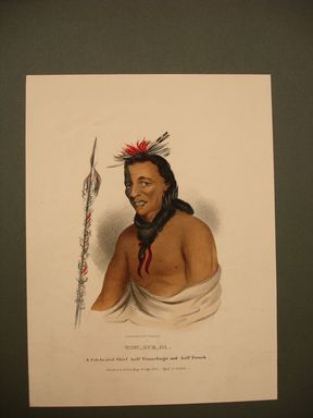 James Otto Lewis (American, 1799 – 1858). <em>Tshu-Gue-Ga, a Celebrated Chief Half Winnebago and Half French</em>, print issued May 1835. Lithograph with watercolor on paper, Sheet: 12 3/8 x 9 5/16 in. (31.4 x 23.7 cm). Brooklyn Museum, Brooklyn Museum Collection, X1042.147.5 (Photo: Brooklyn Museum, CUR.X1042.147.5.jpg)