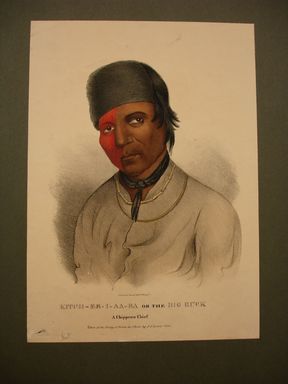 James Otto Lewis (American, 1799 – 1858). <em>Kitch-Ee-I-Aa-Ba or the Big Buck, a Chippewa Chief</em>, print issued May 1835. Lithograph with watercolor on paper, Sheet: 12 5/16 x 8 13/16 in. (31.3 x 22.4 cm). Brooklyn Museum, Brooklyn Museum Collection, X1042.147.7 (Photo: Brooklyn Museum, CUR.X1042.147.7.jpg)