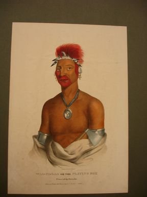 James Otto Lewis (American, 1799 – 1858). <em>Waa-Pa-Laa or the Playing Fox, Prince of the Fox Tribe</em>, print issued May 1835. Lithograph with watercolor on paper, Sheet: 13 3/4 x 9 9/16 in. (34.9 x 24.3 cm). Brooklyn Museum, Brooklyn Museum Collection, X1042.147.8 (Photo: Brooklyn Museum, CUR.X1042.147.8.jpg)