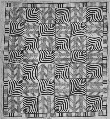 Niuean. <em>Tapa (Hiapo)</em>, late 19th–early 20th century. Barkcloth, pigment, 67 1/2 x 75 in.  (171.5 x 190.5 cm). Brooklyn Museum, Brooklyn Museum Collection, X614. Creative Commons-BY (Photo: Brooklyn Museum, CUR.X614_print_front_bw.jpg)