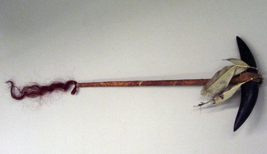 Plains. <em>Staff or War Club</em>, 1875-1900. Stone, hide, bison horns, owl feathers, horsehair, ochre, 21 7/8 in.  (55.5 cm). Brooklyn Museum, Brooklyn Museum Collection, X730. Creative Commons-BY (Photo: Brooklyn Museum, CUR.X730_view1.jpg)