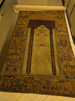  <em>Ghiordes Prayer Rug</em>, 18th-19th century. Wool, Old Dims: 77 x 46 in. (195.6 x 116.8 cm). Brooklyn Museum, Brooklyn Museum Collection, X736.2. Creative Commons-BY (Photo: , CUR.X736.2.jpg)