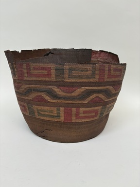Tlingit. <em>Twined Basket with False Embroidery</em>, early 20th century. Spruce root, grass, dye, 9 1/2 × 14 3/4 × 11 1/2 in. (24.1 × 37.5 × 29.2 cm). Brooklyn Museum, Brooklyn Museum Collection, X854.31. Creative Commons-BY (Photo: Brooklyn Museum, CUR.X854.31.JPEG)
