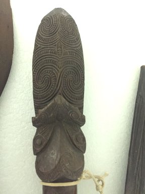 Maori. <em>Club (Taiaha)</em>. Wood, 67 5/16 x 2 15/16 in.  (171.0 x 7.5 cm). Brooklyn Museum, Brooklyn Museum Collection, X983.2. Creative Commons-BY (Photo: Brooklyn Museum, CUR.X983.2_detail.jpg)