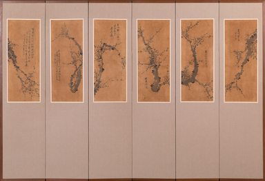  <em>Plum Trees</em>, late 19th – early 20th century. Six-panel folding screen: ink on silk, image, each: 28 1/8 × 10 5/8 in. (71.5 × 27 cm). Lent by the Carroll Family Collection, L2022.2.6. Creative Commons-BY (Photo: Image courtesy of Joseph Carroll, L2022.2.6.jpg)