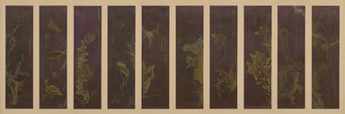 Yang Gi-hun (Seuk-eun) (Korean, 1843 – 1919). <em>Duck, Heron, Four Gentlemen, Three Friends</em>, late 19th century. Ten-panel folding screen: colors and gold on silk, image, each panel: 48 13/16 × 12 5/8 in. (124 × 32 cm). Lent by the Carroll Family Collection, L2022.2.7 (Photo: Image courtesy of Joseph Carroll, L2022.2.7.jpg)