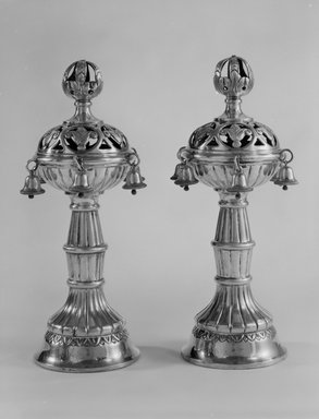 Jewish. <em>Pair of Torah Finials</em>, 1920s. Silver-plated metal, 13 1/2 x 4 3/4 x 4 3/4 in. (34.3 x 12.1 x 12.1 cm). Assigned to the Brooklyn Museum by Jewish Cultural Reconstruction, Inc., L50.26.5a-b. Creative Commons-BY (Photo: Brooklyn Museum, L50.26.5a-b_bw.jpg)