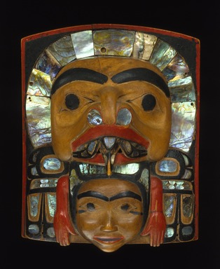 Haida. <em>Crest Frontlet</em>, 1850–1875. Wood, abalone shell, pigment, 7 x 5 3/4 x 2 1/4 in. (17.8 x 14.6 x 5.7 cm). Anonymous loan, L52.3. Creative Commons-BY (Photo: Brooklyn Museum, L52.3_SL1.jpg)