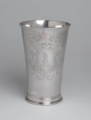 Gerrit Onckelbag (American, 1670-1732). <em>Beaker, One of a Pair</em>, ca. 1700. Silver, 6 7/8 x 3 3/8 x 3 3/8 in. (17.5 x 8.6 x 8.6 cm). Lent by Reformed Dutch Protestant Church, L54.1b. Creative Commons-BY (Photo: Brooklyn Museum, L54.1b_view1_PS2.jpg)