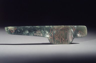 Olmec. <em>Spoon with Incised Designs</em>, 800-500 B.C.E. Jade, red pigment, 5 x 1 3/16 x 5/16 in. (12.7 x 3 x 0.8 cm). Collection of Christopher B. Martin, Dana B. Martin and Catherine S. Martin, L73.15.1. Creative Commons-BY (Photo: Brooklyn Museum, L73.15.1_transp5629.jpg)