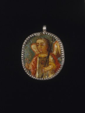 Unknown. <em>Painted Medallion in Locket Frame, Recto: Angel, Verso: Saint Barbara with Attributes of a Castle Tower and Martyr's Palm Frond</em>, 18th–19th century. Oil on metal in silver frame, 2 1/8 x 1 5/8 x 1/4in. (5.4 x 4.1 x 0.6cm). Brooklyn Museum, Brooklyn Museum Collection, X1022a-b. Creative Commons-BY (Photo: Brooklyn Museum, X1022a-b_recto_SL1.jpg)