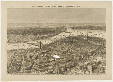 Theodore Russell Davis (American, 1840-1894). <em>Birds-Eye View of the Southern-End of New York and Brooklyn Showing the Projected Suspension-Bridge Over the East River from the Western Terminus in Printing House Square, New York</em>, 1870. Engraving, sheet: 16 7/8 x 23 in. (42.9 x 58.4 cm). Brooklyn Museum, Brooklyn Museum Collection, X1042.107 (Photo: Brooklyn Museum, X1042.107_PS1.jpg)