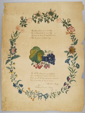 Catharine Emma Manley. <em>[Untitled] (Poem and Decorative Wreath)</em>, n.d. Watercolor over graphite with text in ink on paper, Sheet: 21 5/16 x 16 1/4 in. (54.1 x 41.3 cm). Brooklyn Museum, Brooklyn Museum Collection, X1042.133 (Photo: Brooklyn Museum, X1042.133_PS2.jpg)