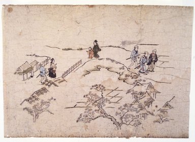 Hishikawa Moronobu (Japanese, 1618-1694). <em>Emonzaka, from the series Scenes in the Yoshiwara</em>, ca. 1681-1684. Woodblock print with hand-applied color, 12 1/4 x 17 1/8 in.  (31.1 x 43.5 cm). Brooklyn Museum, Brooklyn Museum Collection, X1051.5 (Photo: Brooklyn Museum, X1051.5_transp4607.jpg)