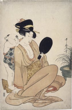 Kitagawa Utamaro (Japanese, 1753-1806). <em>Mother and Child Playing with Mirror</em>, ca. 1803. Color woodblock print on paper, 15 5/8 x 10 3/8 in. (39.7 x 26.4 cm). Brooklyn Museum, Brooklyn Museum Collection, X1119.2 (Photo: , X1119.2_SL4.jpg)