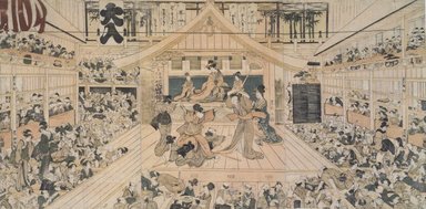 Utagawa Toyokuni I (Japanese, 1769–1825). <em>Interior View of a Kabuki Theater</em>, 1793. Woodblock color print, 14 7/8 x 29 15/16 in. (37.8 x 76 cm). Brooklyn Museum, Brooklyn Museum Collection, X1119.3a-c (Photo: Brooklyn Museum, X1119.3a-c.jpg)