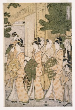 Eishusai Choki (Japanese, died 1805). <em>Faithful Depiction of the House Kimono Patterns Worn by Yoshiwara Courtesans Paying Holiday Visits on the Second Day of New Year</em>, ca. 1785-1790. Woodblock color print, 12 x 29 1/16 in. (30.5 x 73.8 cm). Brooklyn Museum, Brooklyn Museum Collection
, X1119.5 (Photo: Brooklyn Museum, X1119.5_center_print_IMLS_SL2.jpg)