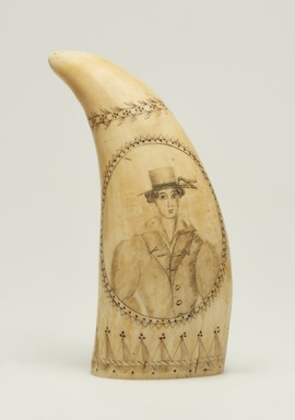 Unknown. <em>Scrimshaw, Whale's Tooth</em>, ca. 1825-1835. Ivory (whale tooth), pigment, 5 × 2 3/4 × 2 1/2 in. (12.7 × 7 × 6.4 cm). Brooklyn Museum, Brooklyn Museum Collection, X613.1. Creative Commons-BY (Photo: Brooklyn Museum, X613.1_view01_PS11.jpg)