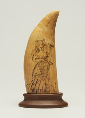  <em>Scrimshaw Work, Sperm Whale's Tooth</em>, ca. 1830. Ivory (sperm whale tooth), black ink, 5 7/8 × 2 3/4 × 2 in. (14.9 × 7 × 5.1 cm). Brooklyn Museum, Brooklyn Museum Collection, X613.3. Creative Commons-BY (Photo: Brooklyn Museum, X613.3_view01_PS11.jpg)