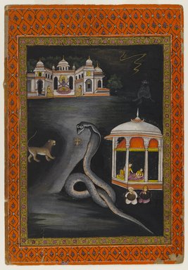 Indian. <em>Krishna Carried Across the River</em>, first half 19th century. Opaque watercolor and gold on paper, sheet: 10 5/8 x 7 5/16 in.  (27.0 x 18.6 cm). Brooklyn Museum, Brooklyn Museum Collection, X689.4 (Photo: Brooklyn Museum, X689.4_IMLS_PS4.jpg)