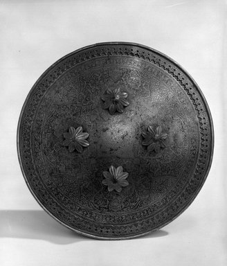  <em>Circular Shield</em>. Steel inlaid with gold, 12 in. (diam.) (30.5 cm). Brooklyn Museum, Brooklyn Museum Collection, X743.1. Creative Commons-BY (Photo: Brooklyn Museum, X743.1_bw_SL4.jpg)