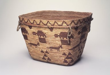 Tsilhqot'in. <em>Burden Basket</em>, early 20th century. Plant fiber, pigment or dye, buckskin, 9 1/2 x 14 3/4 x 11 1/2 in. (24.1 x 37.5 x 29.2 cm). Brooklyn Museum, Brooklyn Museum Collection, X854.1. Creative Commons-BY (Photo: Brooklyn Museum, X854.1_transp5966.jpg)