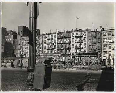 Berenice Abbott (American, 1898-1991). <em>Old Law Tenements, Forsythe and East Houston Streets</em>, February 11, 1937. Gelatin silver print, sheet: 7 1/2 x 9 1/2 in. (19.1 x 24.1 cm). Brooklyn Museum, Brooklyn Museum Collection, X858.12 (Photo: , X858.12_PS9.jpg)