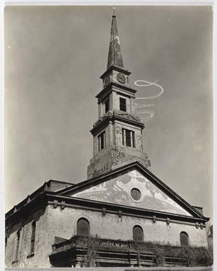 Berenice Abbott (American, 1898-1991). <em>St. Mark's Church-Sky Writing Spiral 10th (and) 2nd Avenue, Manhattan</em>, March 23, 1937. Gelatin silver print, sheet: 9 1/2 x 7 1/2 in. (24.1 x 19.1 cm). Brooklyn Museum, Brooklyn Museum Collection, X858.14 (Photo: , X858.14_PS9.jpg)