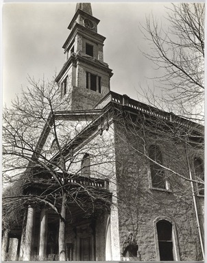 Berenice Abbott (American, 1898-1991). <em>St. Marks Church (Front & Side View with Spire) 10th St. & 2nd Ave.</em>, March 21, 1937. Gelatin silver print, sheet: 9 1/2 x 7 1/2 in. (24.1 x 19.1 cm). Brooklyn Museum, Brooklyn Museum Collection, X858.16 (Photo: , X858.16_PS9.jpg)