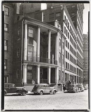 Berenice Abbott (American, 1898-1991). <em>Church on the Battery: Our Lady of the Rosary, 7 State Street, Manhattan</em>, March 30, 1934. Gelatin silver print, sheet: 9 7/8 x 7 15/16 in. (25.1 x 20.2 cm). Brooklyn Museum, Brooklyn Museum Collection, X858.25 (Photo: , X858.25_PS9.jpg)
