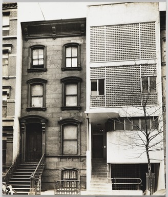 Berenice Abbott (American, 1898-1991). <em>Glass Brick and Brownstone Fronts</em>, February 1, 1938. Gelatin silver print, sheet: 8 5/8 x 7 3/8 in. (21.9 x 18.7 cm). Brooklyn Museum, Brooklyn Museum Collection, X858.39 (Photo: Brooklyn Museum, X858.39_PS9.jpg)
